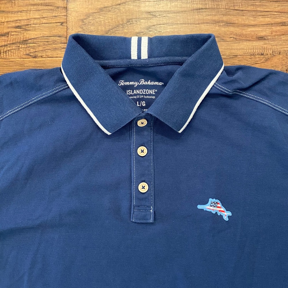 Tommy Bahama Island Zone Aloha America Polo Shirt Mens Large Blue USA Flag Golf